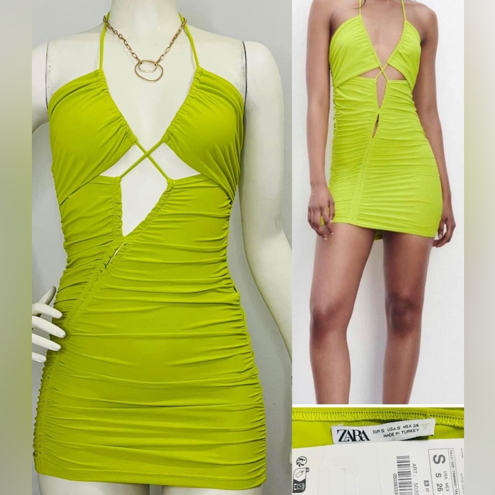 NEW ZARA lime green ruched cutout mini dress - S